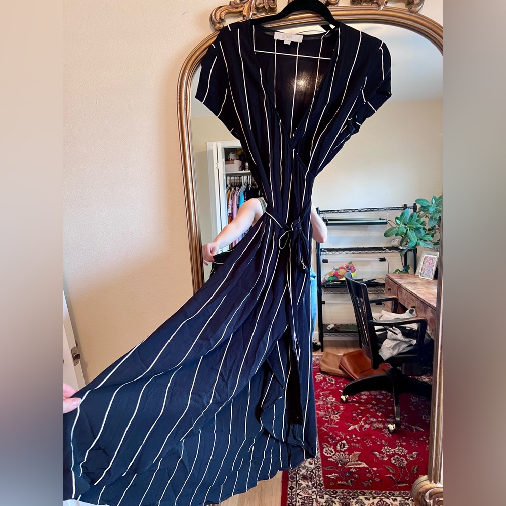 Loft Black Pink Striped Wrap Midi Dress Size S